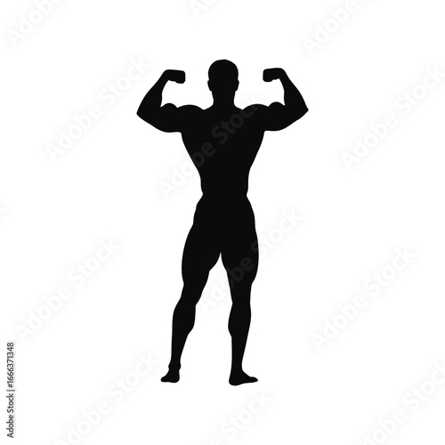 Silhouette of muscular bodybuilder posing flexing biceps and legs athletic build vector
