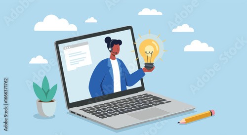 A vector illustration shows a successful businessman working on his laptop in an office