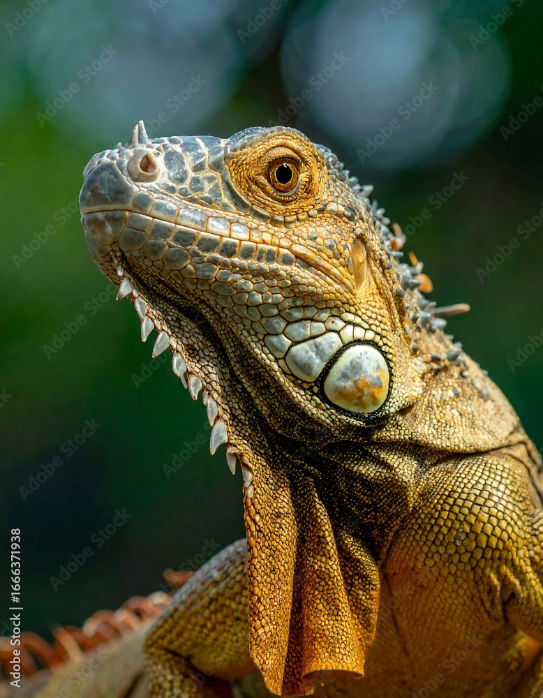 Fototapeta premium Close-up portrait of a vibrant iguana, showcasing intricate scales and a curious gaze, set against a blurred, natural backdrop.
