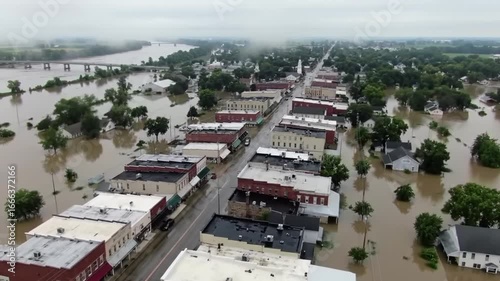 Aerial view showcases a flooded area with buildings and structures submerged in water, highlighting the devastating impact of a natural disaster on the community.
