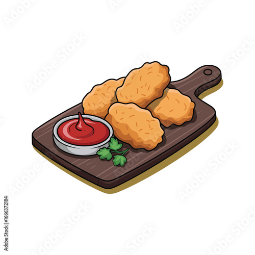 Fried golden nuggets and ketchup, a delicious savory fast food delight on a wooden board
