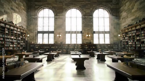 The grand interior of a historic building features rows of tables and chairs, with expansive illuminating the space and bookshelves lining the walls, creating a scholarly ambiance.
