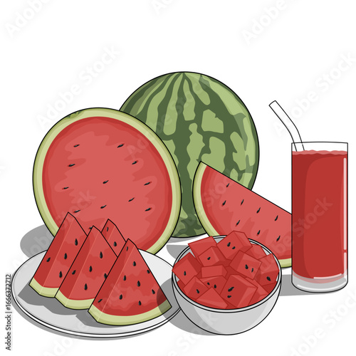 Vector illustration of watermelon whole, slices, cubes in a bowl, and fresh juice. Juicy tropical fruit perfect for summer, healthy food, and refreshing design.