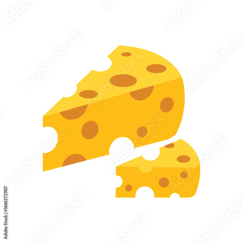 A simple flat vector icon illustration of two yellow Swiss cheese wedges with holes, isolated on a white background. A classic dairy food ingredient.