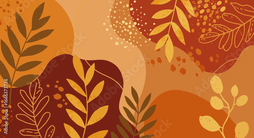 Abstract autumnal leaves and organic shapes in warm earth tone palette