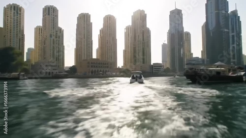 A scenic view showcases a body of water with a wake, leading toward a skyline of towering structures, creating a sense of movement and architectural grandeur.