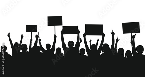 Diverse crowd protesting with signs and raised fists advocating for change and social justice vector