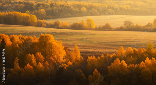 Autumnal Splendor: A Golden Landscape Painting of Trees and Open Field