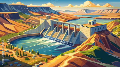 Aerial landscape of dam and hydro power reservoir near Shoshoni, Wyoming, vast waters shimmer under sunlight, engineering marvel embraces nature’s scale, blending technology with timeless natural beau