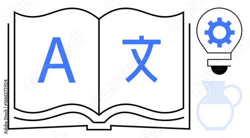 Open book featuring multilingual letters, light bulb with gear symbol, and a pitcher. Ideal for translation, education, technology, innovation, creativity research learning concepts. Modern flat