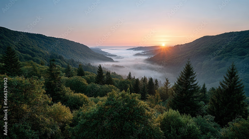Obraz premium Tranquil mountain valley landscape at sunrise with forest and mist.