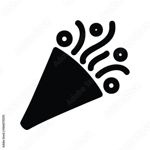 Party popper silhouette with confetti and streamers - Black silhouette of a festive party popper releasing confetti and streamers, symbolizing celebration, joy, parties, and special occasions.
