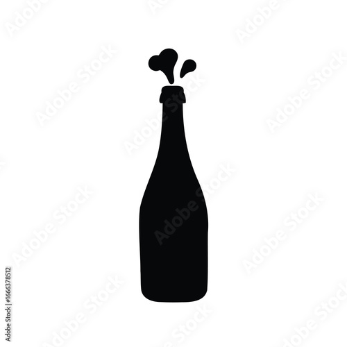 Silhouette of an open champagne bottle with bubbles, celebration is starting