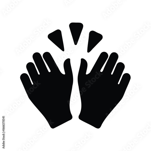 Black silhouette of hands clapping with impact lines emanating upwards showing sound