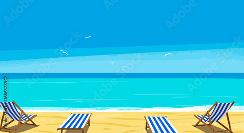 Serene beach scene with deck chairs and a tranquil ocean view illustration