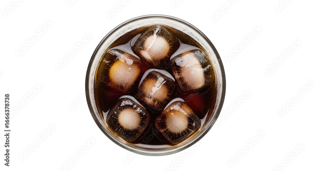 Obraz premium A close-up view of a glass filled with dark soda and ice cubes, set against a plain background