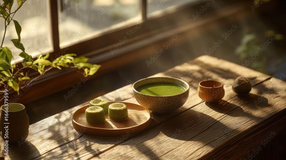 Fototapeta premium Sunlit Matcha Tea and Cakes.