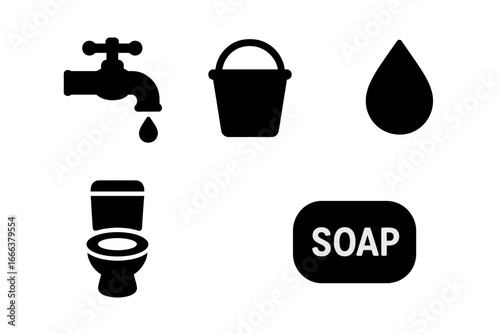Water, sanitation, and hygiene icon set. Solid glyph icons for WASH projects, charity, and public health. Vector illustration of water tap, faucet, bucket, drop, toilet, and soap.