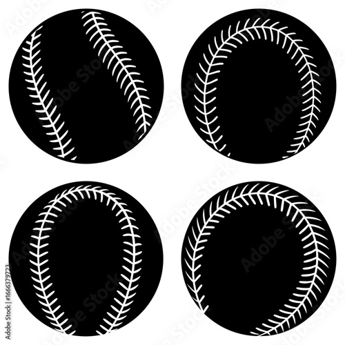 Four black baseballs with white stitching arranged in a square pattern on a white background vector art