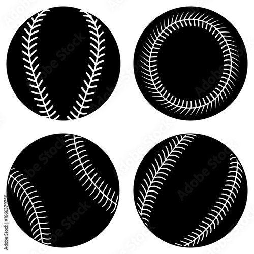 Collection of four black baseballs with white stitching in various orientations and patterns round shape