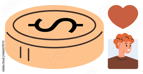 Coin representing financial matters, heart symbolizing care, and smiling individual showing personal connection. Ideal for finance, relationships, empathy, gratitude, charity, support community
