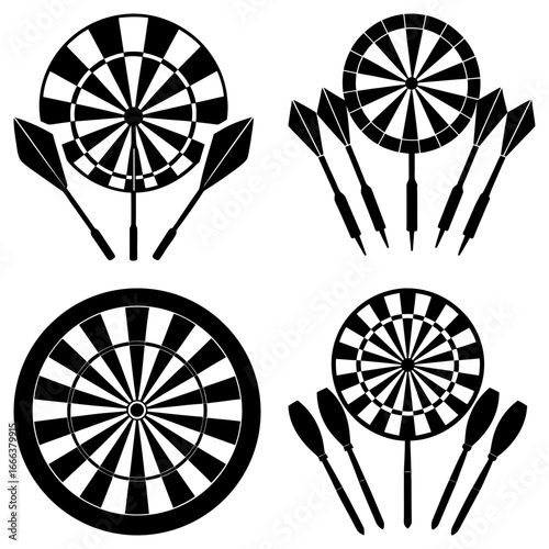 Four dartboards with darts in black and white showing target practice and game competition elements vector