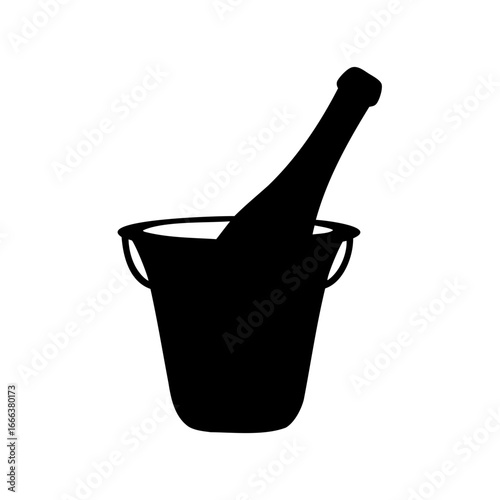 Elegant black silhouette of a champagne bottle chilling in an ice bucket