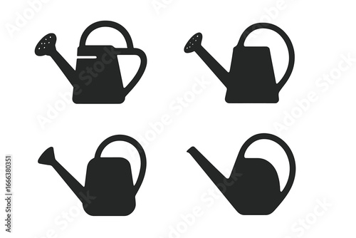 Watering can vector icon set. Solid black silhouette illustrations of classic and modern garden tools. Simple filled glyphs for gardening, agriculture, and plant care concepts.
