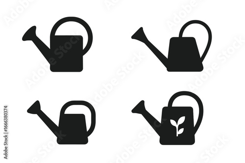 Watering can vector icon set. Solid glyph silhouette of classic garden tools. Concept for watering plants, growth, horticulture, farming, nature and agriculture. Equipment.