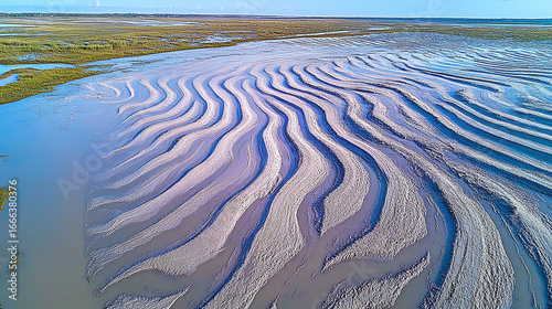 Aerial View of Serpentine Patterns in Tidal Flats, Coastal Landscape, Nature Photography, Tranquil Environment
