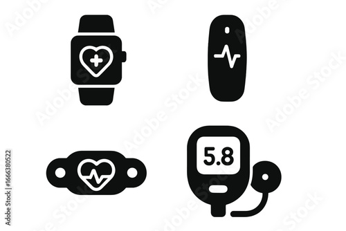 Wearable medical technology glyph icons set. Health monitoring devices. Smartwatch with heart rate, fitness band, portable ECG patch, blood glucose meter. Solid pictogram.