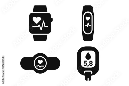 Wearable medical tech glyph icons. Health monitoring device symbols. Smartwatch, fitness band with heart rate. ECG patch, glucometer for diabetes blood sugar test vector set.