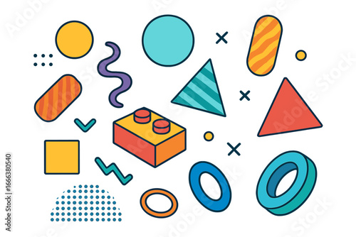 Abstract geometric shapes collection in retro memphis style. Colorful 80s and 90s design elements set. Modern trendy vector illustration with pop art and doodle forms.