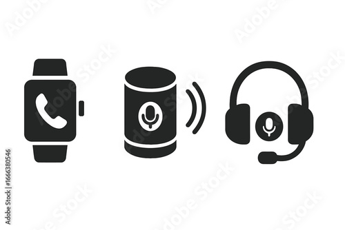 Wearable technology solid glyph icons. Set includes smartwatch for calls, smart speaker with voice assistant, and headset for support. IoT communication vector symbols.