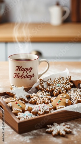 Christmas gingerbread cookies with icing in festive shapes and hot coffee mug with Happy Holidays text, cozy holiday baking scene