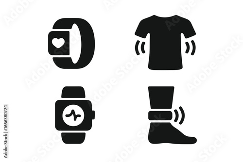 Wearable technology solid glyph icons set. Haptic feedback suit, smart band and watch with heart rate monitor. Health tracking wrist device and ankle sensor for fitness.