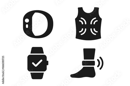 Wearable technology solid icons. Haptic suit, smartwatch, smart ring, ankle sensor. Health, fitness monitoring gadgets. IoT virtual reality device symbols for UI design.
