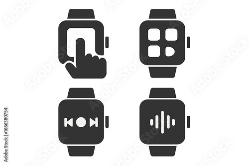 Wearable technology solid glyph icon set. Smartwatch interface with hand on touchscreen, app menu, music player controls, and voice command. User experience vector icons.