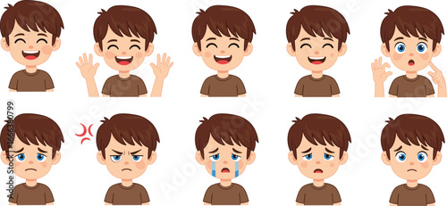 Cartoon boy, facial expressions, emotional reactions, character emotions, kids emotions, emoji faces, feelings icons, child mood, vector illustration, emotion chart