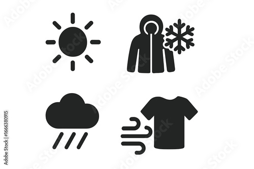Weather clothing icon set. Solid glyph pictograms for meteorological forecast. Symbols for sunny summer, cold winter snow, rainy cloud, and windy conditions. Vector illustration.