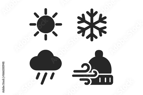 Weather forecast icons solid glyph set. Sun for sunny, snowflake for snow, rain cloud for rainy season, and wind gust with winter hat for cold days. Climate symbols vector.