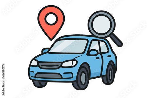 Car search and location concept. Vehicle tracking with GPS pin. Find auto with magnifying glass. Car sharing or rental service icon. Automotive navigation and discovery.