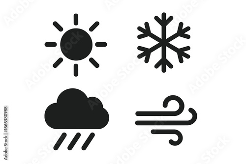 Weather forecast glyph icons set. Meteorology symbols for climate conditions. Sun, snowflake, rain cloud, and wind pictograms. Solid vector illustration for app UI design.