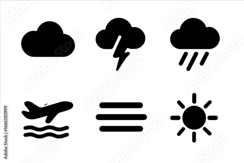 Weather and flight conditions icon set. Solid black glyphs for aviation meteorology. Vector symbols for sun, cloud, rain, storm, thunder, turbulence, and fog. Simple forecast pictograms.