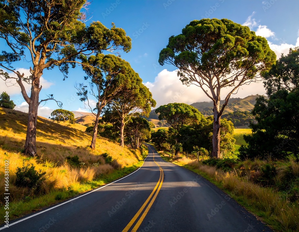 Naklejka premium A scenic country road winds through a landscape of lush greenery and rolling hills under a vibrant blue sky.