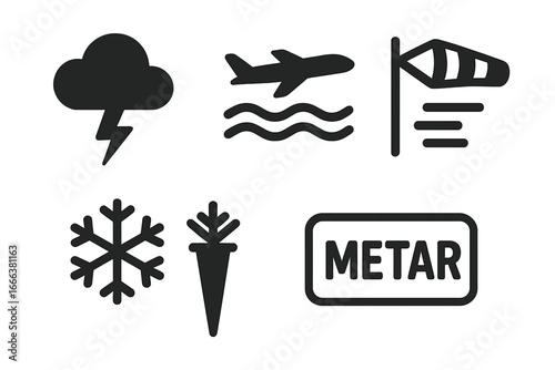 Aviation weather icon set. Solid glyph symbols for pilots. Includes thunderstorm, turbulence, wind shear, icing, and METAR report icons. Vector flight meteorology symbols.