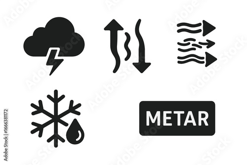 Aviation weather icon pack. Solid black symbols for METAR forecast reports. Includes storm, turbulence, wind shear, icing, updraft, and downdraft. Pilot meteorology vector set.