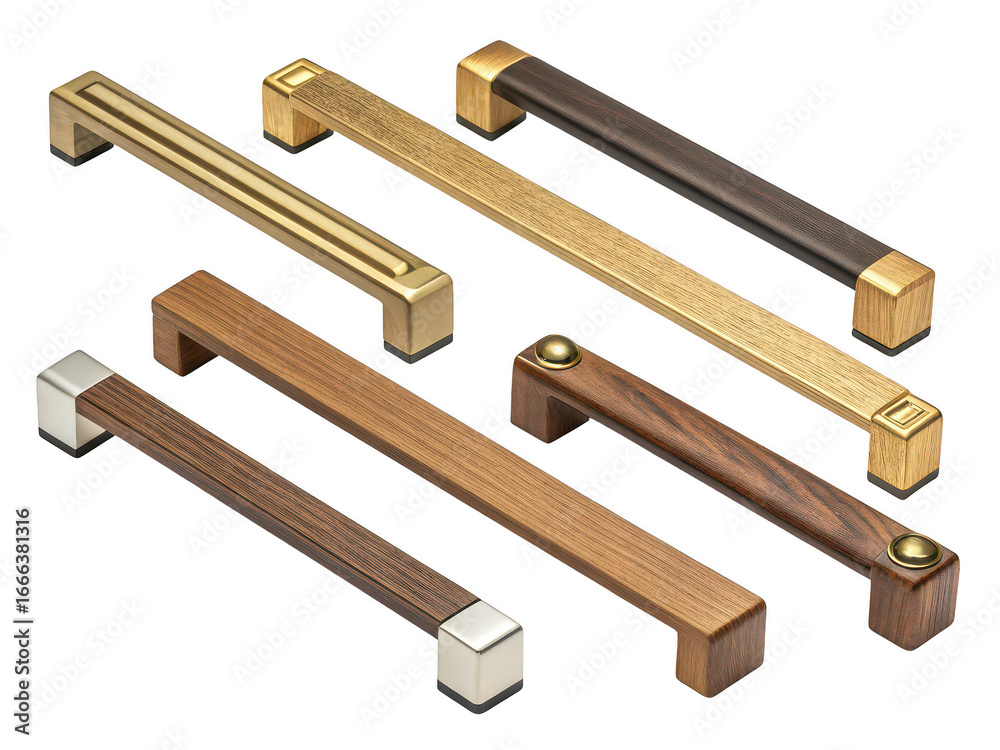 Collection of six modern cabinet and drawer handles isolated on transparent background Collection of six modern cabinet and drawer handles isolated on transparent background