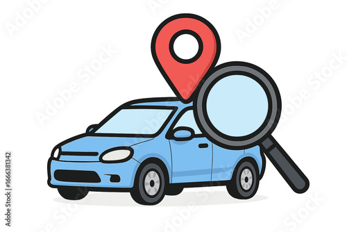 Car search with location pin and magnifying glass. Concept for vehicle tracking, GPS navigation, car rental, auto sharing, inspection, and finding a car. Vector illustration.