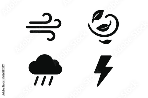 Weather icon set. Solid glyph vector collection for forecast and meteorology. Wind gust, swirling leaves, rain cloud, and thunderstorm lightning bolt symbols. Climate signs.